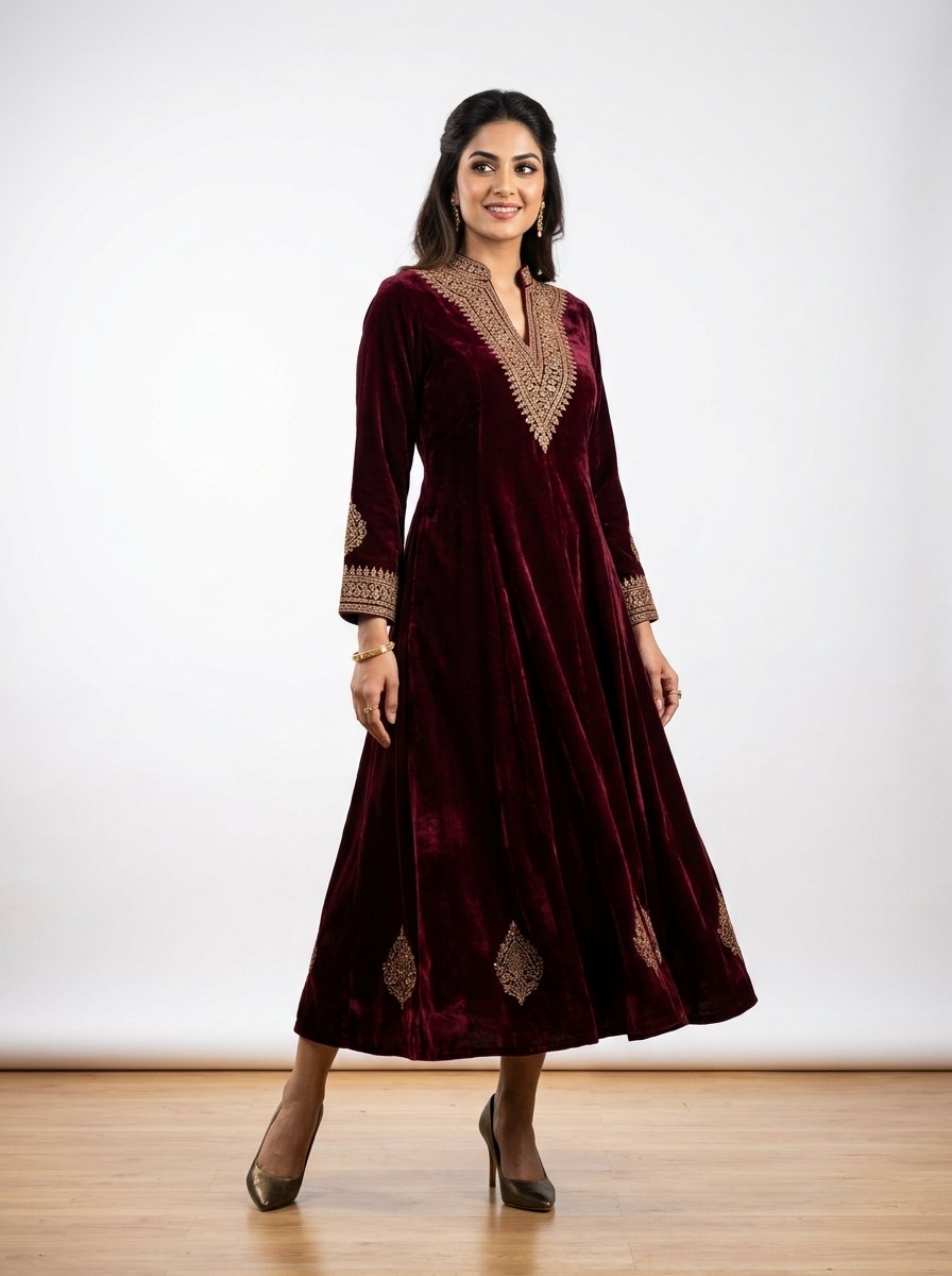 Deep Wine Maroon Velvet Flared Party Wear Gown Kurti